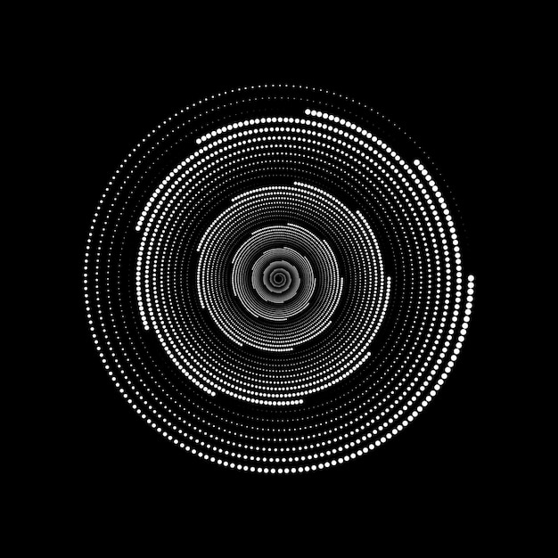 Vector illustration of white dotted spiral vortex. Abstract swirl pattern dots on black background.