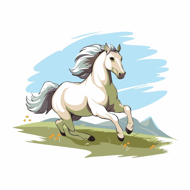 Vector illustration of a white horse running on a green meadow