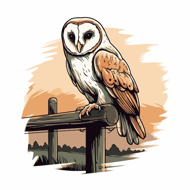 Vector vector illustration of a wild owl sitting on a wooden fence in the field