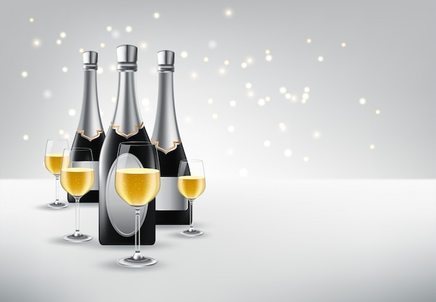 vector illustration of wineglass with a bottle of champagne