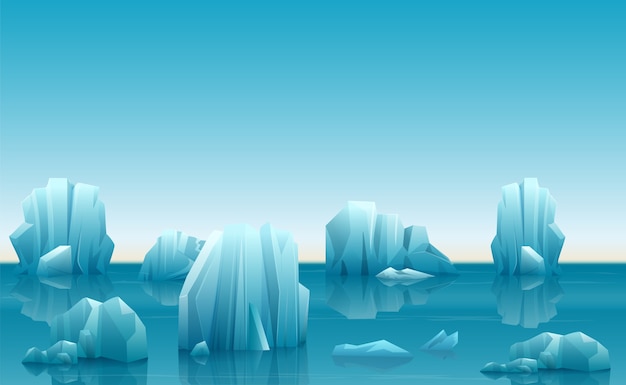 Illustrazione vettoriale del paesaggio artico invernale con molti iceberg e montagne innevate