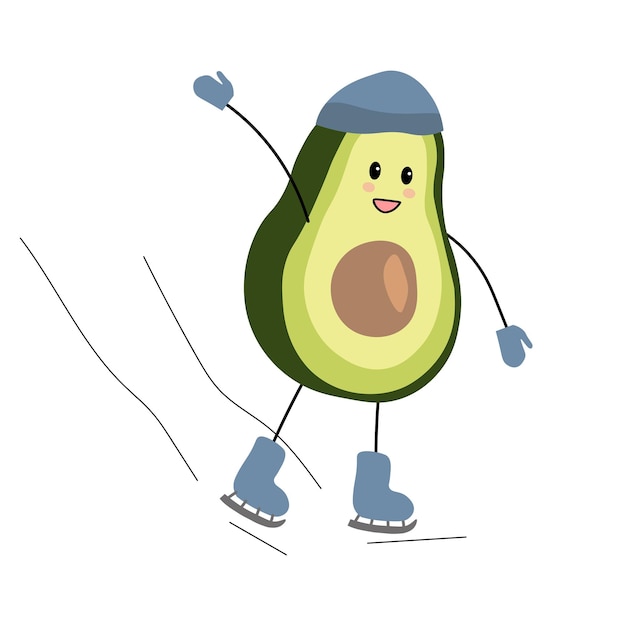 Vector illustration winter character avocado guy in a hat boot and gloves skates in winter