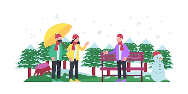 Vector illustration of winter city park with snow and two people standing. Bench in winter city park, winter holidays concept in flat cartoon style