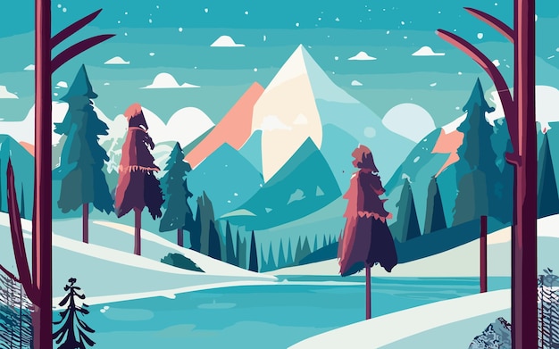 Vector illustration of winter landscapeSnow with churchrural villageKids playing outside with sle
