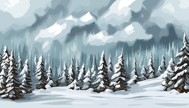 Vector vector illustration winter mountain landscape with pine trees and mountains vector illustration