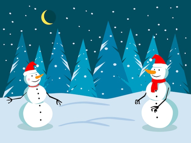 Vector vector illustration of a winter night forest with two snowmen. christmas snow background