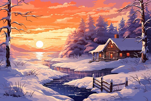 Vector vector illustration of winter sunset sun