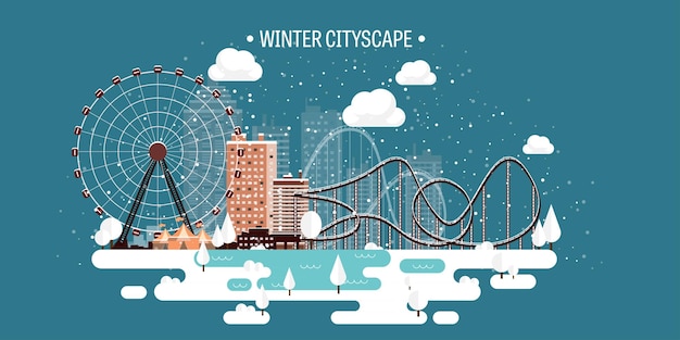 Vector vector illustration winter urban landscape city with snow christmas and new year cityscape buildings