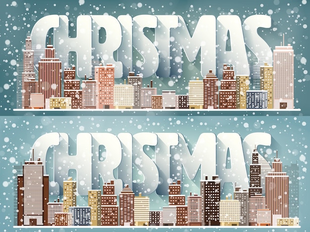 Vector vector illustration winter urban landscape city with snow christmas and new year cityscape with