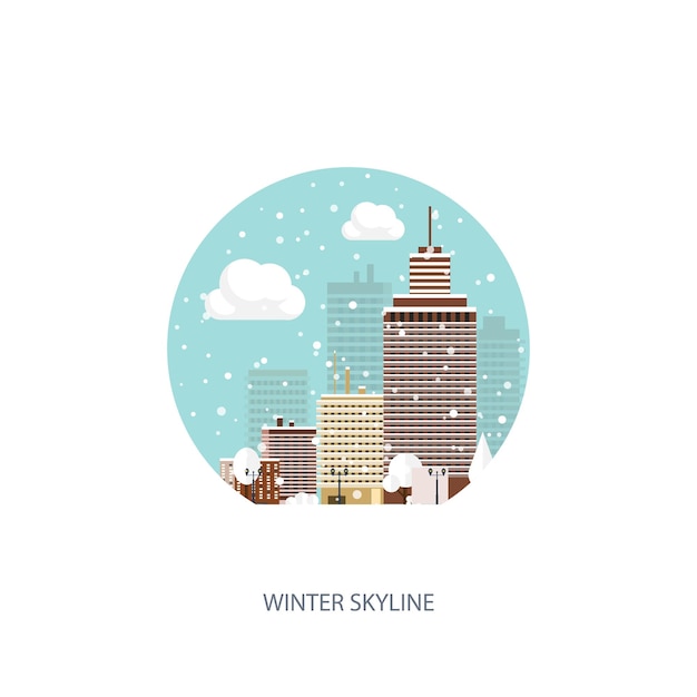 Vettore illustrazione vettoriale paesaggio urbano invernale città con neve natale e capodanno paesaggio urbano con