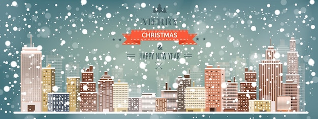 Vector illustration winter urban landscape city with snow christmas and new year cityscape with