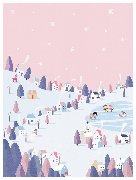 Vector vector illustration of winter wonderland in pink pastel background. 