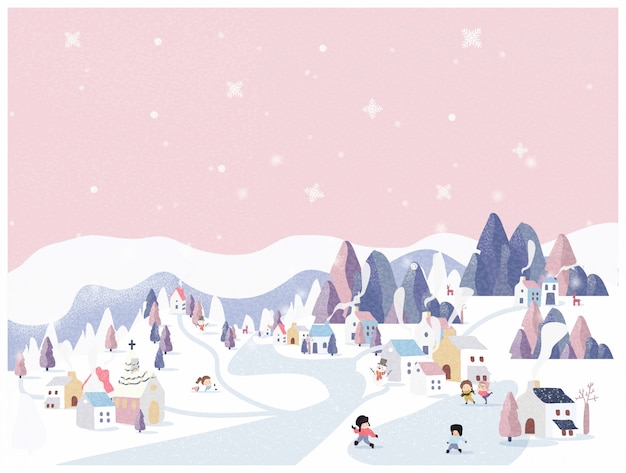 Vector illustration of winter wonderland in pink pastel background.