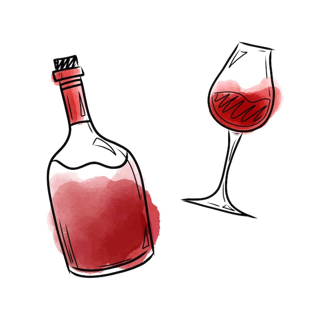 벡터 병과 수채화 스타일의 레드 와인 한 잔이 있는 벡터 그림
