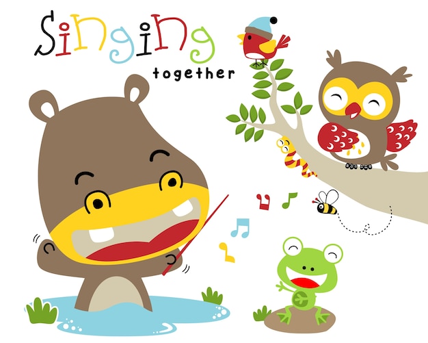 Vector illustration with animals cartoon singing together.