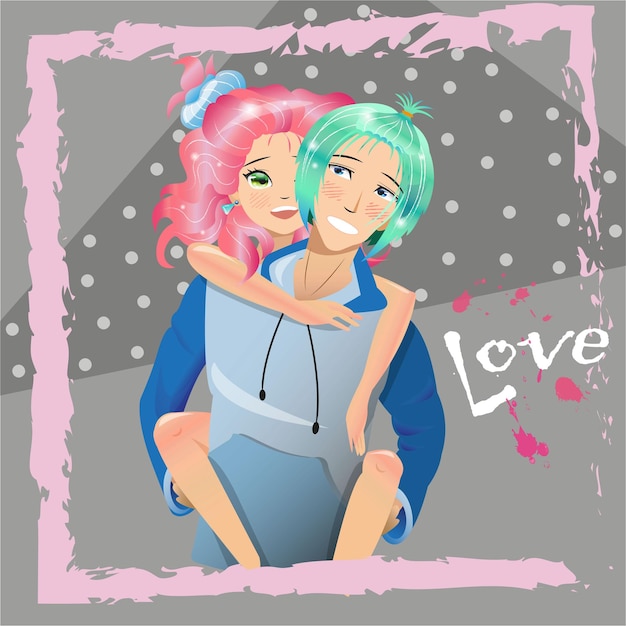 Vector vector illustration with anime characters couple in love