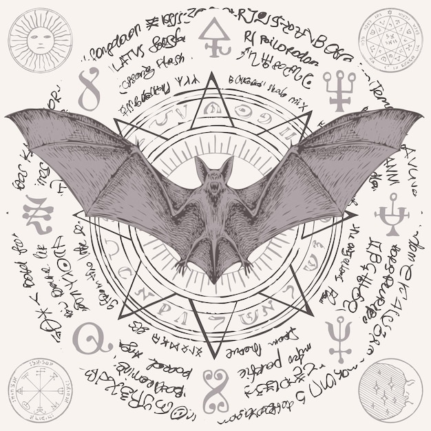 Vector illustration with a bat with open wings Witchcraft magic occult attributes alchemy symbols