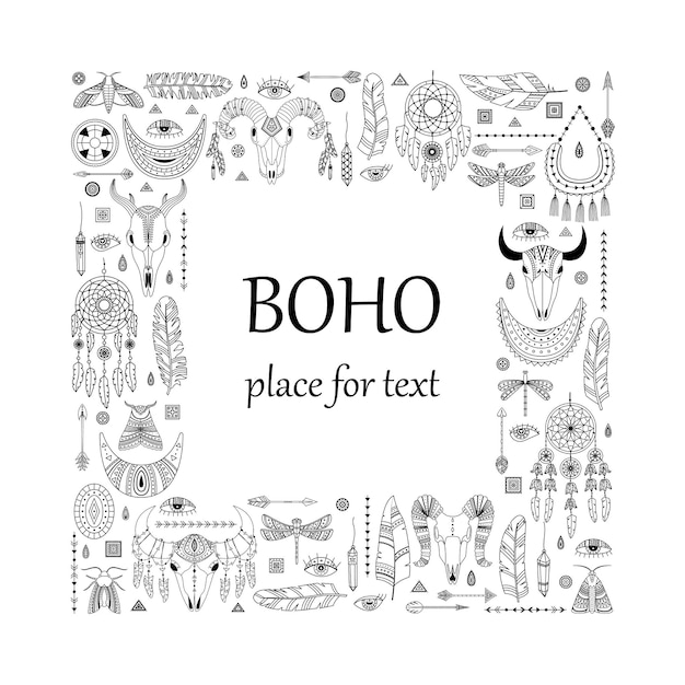 Boho 요소와 벡터 일러스트 레이 션. 텍스트를 위한 장소가 있는 템플릿입니다. 동물 두개골, dreamcater; 화살과 깃털.