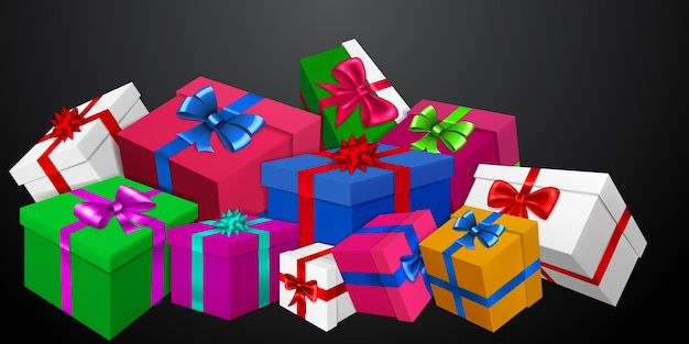 Vector illustration with bunch of colored gift boxes with ribbons and bows on black background