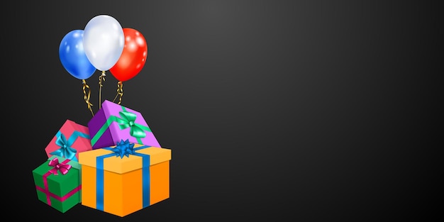 Illustrazione vettoriale con mazzo di scatole regalo colorate con nastri e fiocchi e palloncini multicolori su sfondo nero