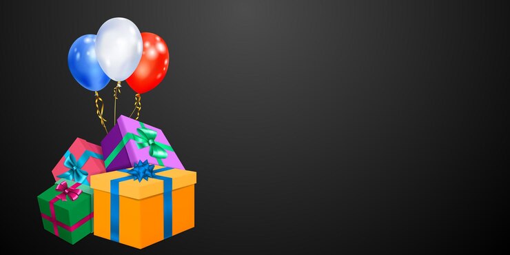 Vector vector illustration with bunch of colored gift boxes with ribbons and bows and multicolor balloons on black background