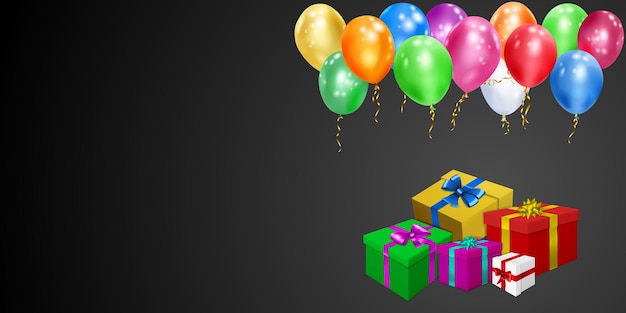 Vector illustration with bunch of colored gift boxes with ribbons and bows and multicolor balloons on black background