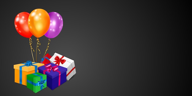 Vector illustration with bunch of colored gift boxes with ribbons and bows and multicolor balloons on black background