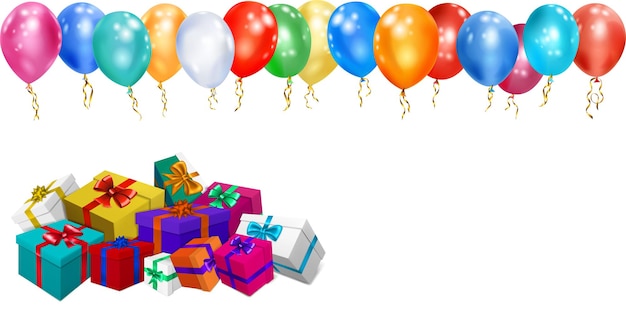 Vector illustration with bunch of colored gift boxes with ribbons and bows and multicolor balloons on white background