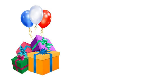 Vector illustration with bunch of colored gift boxes with ribbons and bows and multicolor balloons on white background