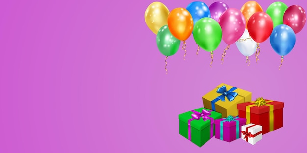 Vector illustration with bunch of colored gift boxes with ribbons and bows and multicolor balloons