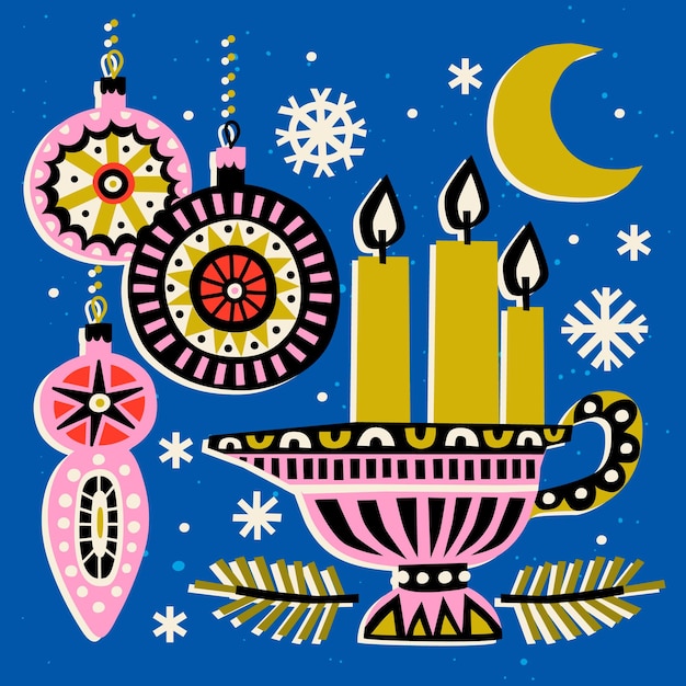 Вектор Векторная иллюстрация с зажженными свечами и рождественскими игрушками