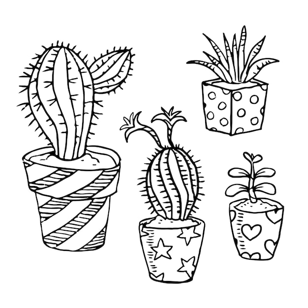 Illustrazione vettoriale con cactus e succulente. disegno di contorno. insieme di vettore eps10 con piante in vaso. elemento decorativo per il tuo design e libro da colorare.