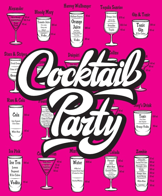 Illustrazione vettoriale con iscrizione calligrafica cocktail party e set di cocktail