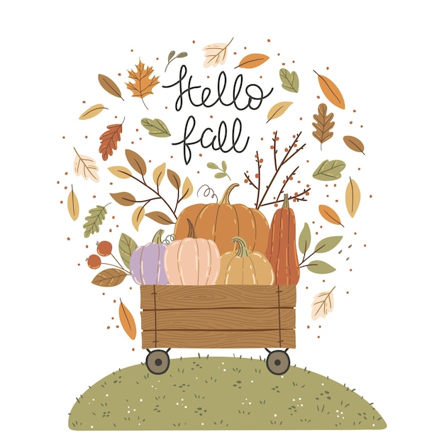 Vector illustration with cart autumn leaves and pumpkins composition for a poster or postcard