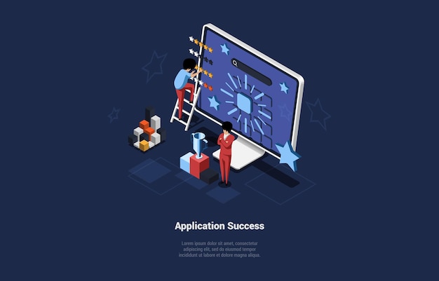 Vector vector illustration with characters, cartoon 3d style, isometric composition. application success concept. mobile app, website or program good rating, high quality products. process of evaluation