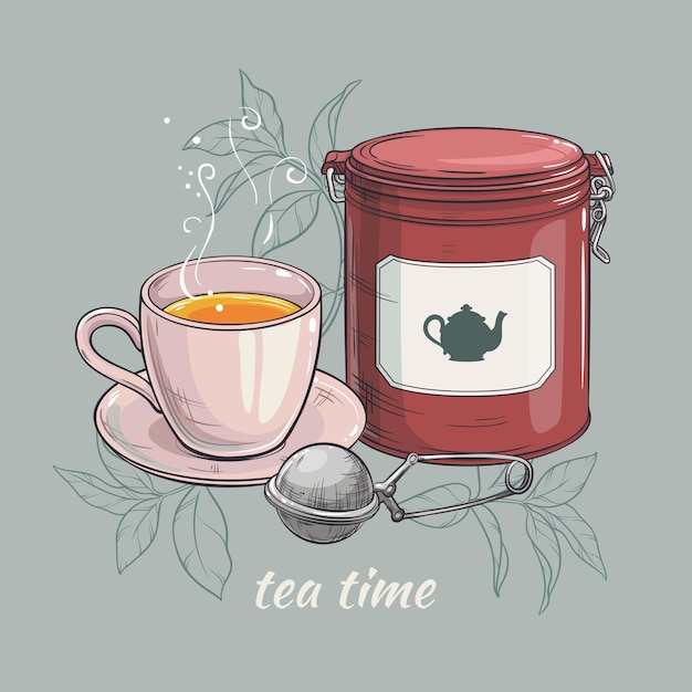 Vector illustration with cup of tea with round tin packaging and tea-strainer