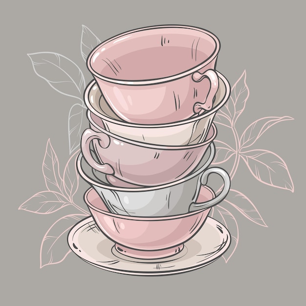 Vector vector illustration with cups of tea on grey background