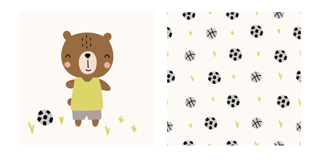 Illustrazione vettoriale con orso carino e sfondo senza soluzione di continuità con palloni da calcio per il tuo design