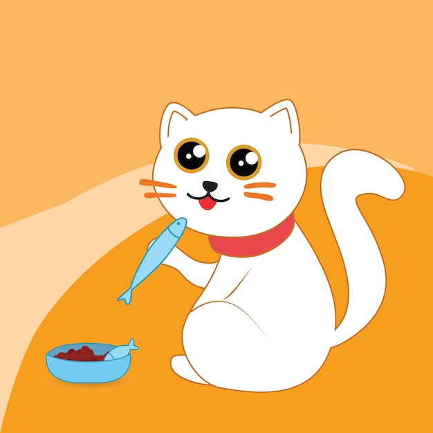 Vector illustration with cute cat eats fish Illustration in a simple flat style