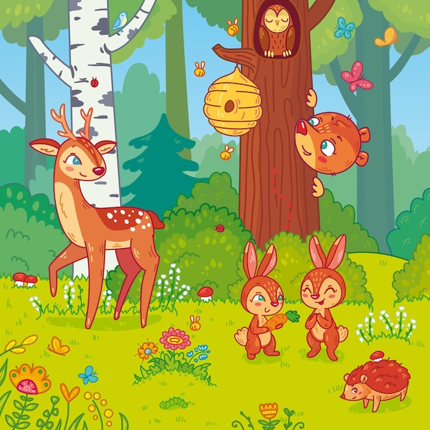 Vector illustration with cute forest animals in cartoon style for children landscape