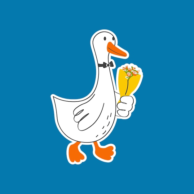 Vector illustration with cute and funny goose trendy typography sticker with text and bird