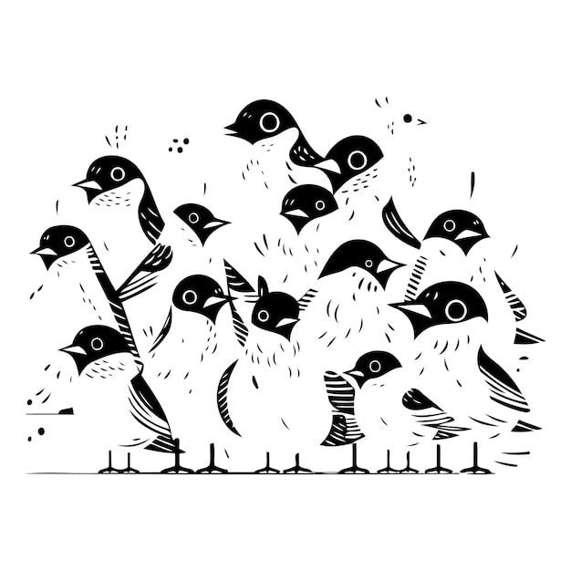 Vector illustration with cute little birds hand drawn line art design