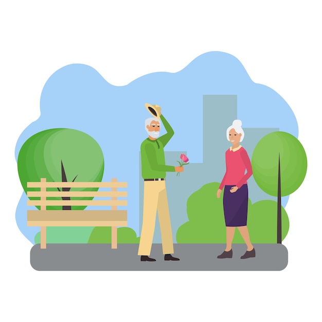 Vector illustration with elderly man and woman on a date in the park An old man gives a bouquet
