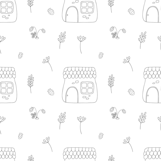 Vector illustration with fairy house wildflowers and strawberries Seamless pattern