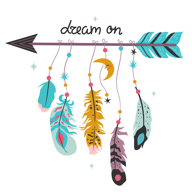 Vector vector illustration with feathers arrows and beads in boho style