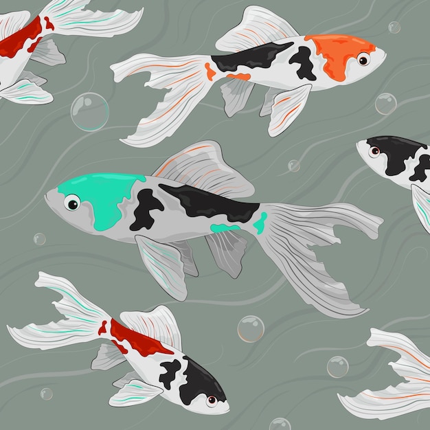 Векторная иллюстрация с рыбой в стиле аниме Иллюстрация с разноцветными золотыми рыбками и пузырьками