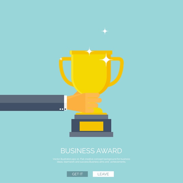 Vector illustration with flat trophy and hand first place and business aims concept background