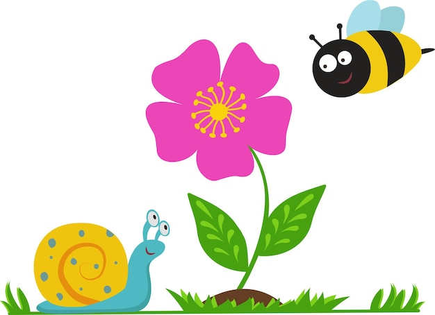 꽃, 벌, 달팽이가 있는 벡터 삽화. 귀여운 어린이 그림.