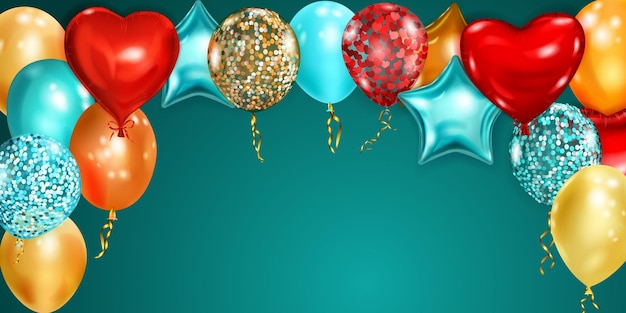 Vector vector illustration with flying colored helium balloons in various shapes and colors on light blue background