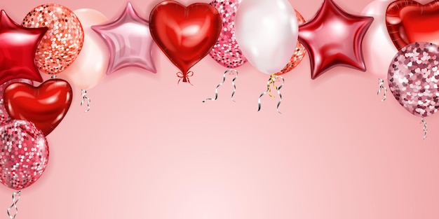 Vector illustration with flying colored helium balloons in various shapes and colors on pink background